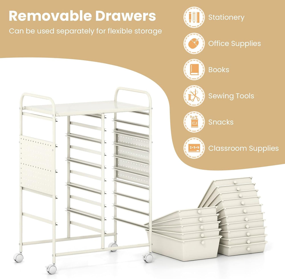 Giantex 15 Drawer Storage Cart, Rolling Craft Cart with Metal Tabletop & ...