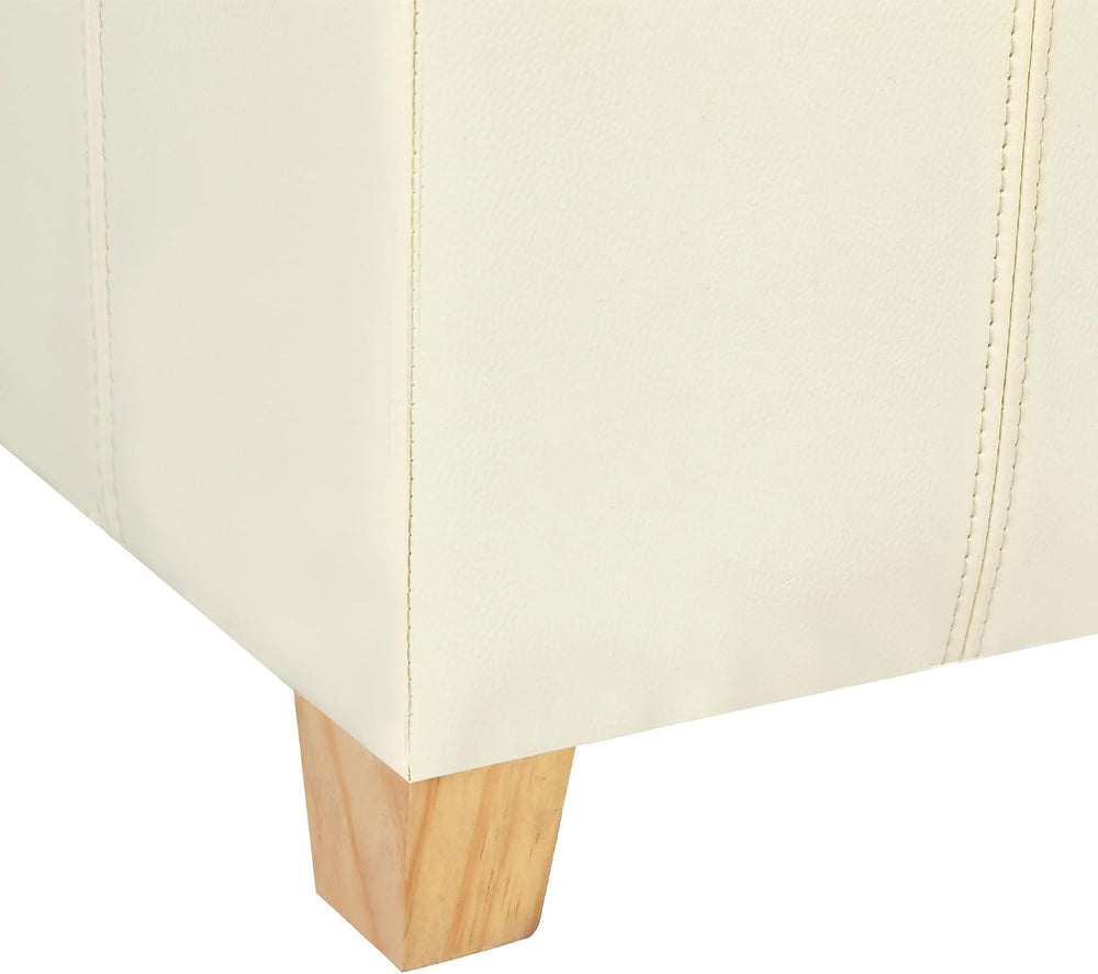 Adeco Faux Leather Storage Ottoman with Hinged Lid, 17.5 Inch High Cream Whit...