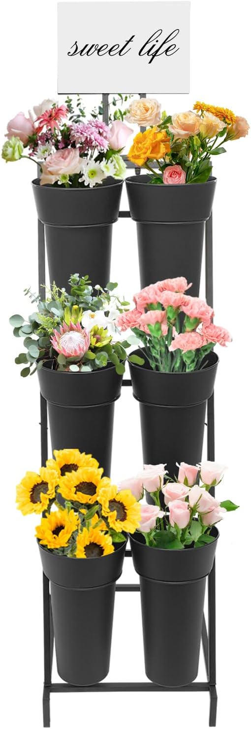 3-Tier Flower Display Stand with 6 Buckets, Commercial Metal Plant Rack with ...