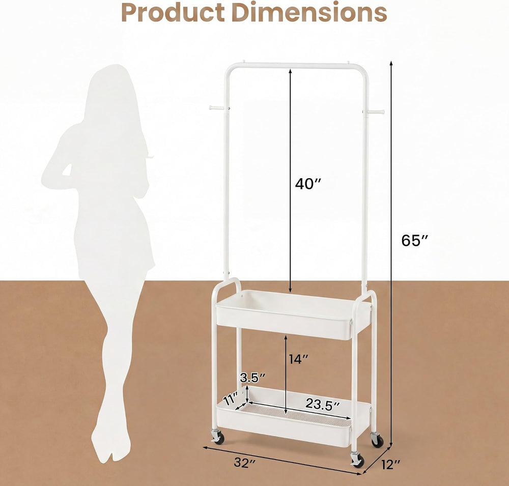 COSTWAY 3 in 1 Rolling Metal Clothes Rack with 2 Baskets & Hooks (White)