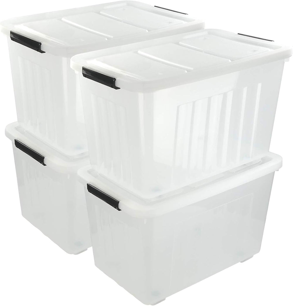Clear Large Storage Bins with Lids and Wheels, 70L, 4-Pack