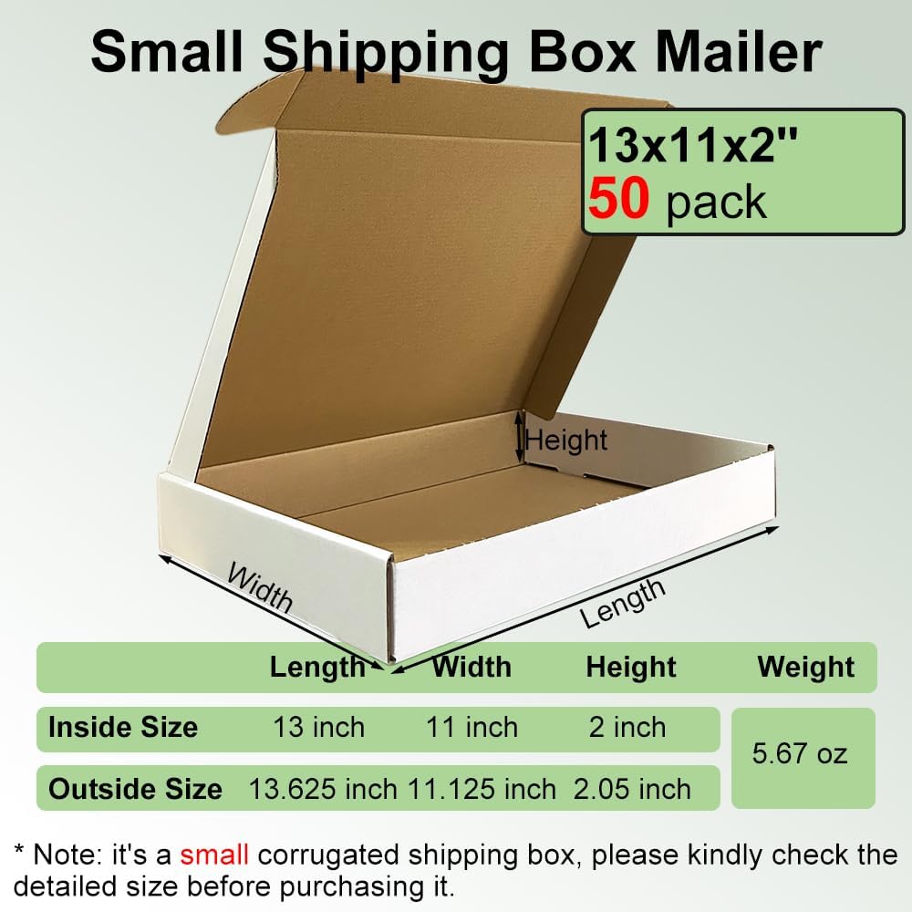 50 Pack 13x11x2'' Shipping Boxes, White Corrugated Cardboard Mailers ...