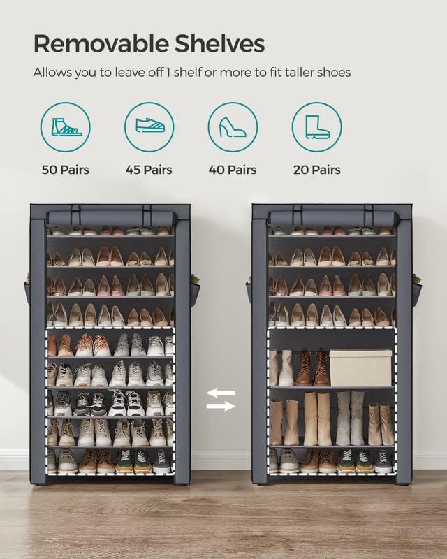 SONGMICS 10-Tier Shoe Rack with Cover, Shoe Storage Cabinet for 40-50 Pairs