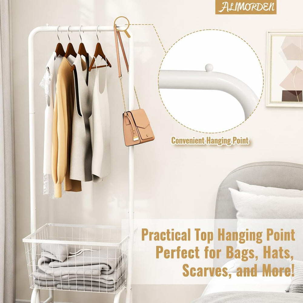 ALIMORDEN Rolling Laundry Cart with Hanging Rack & Metal Basket, White