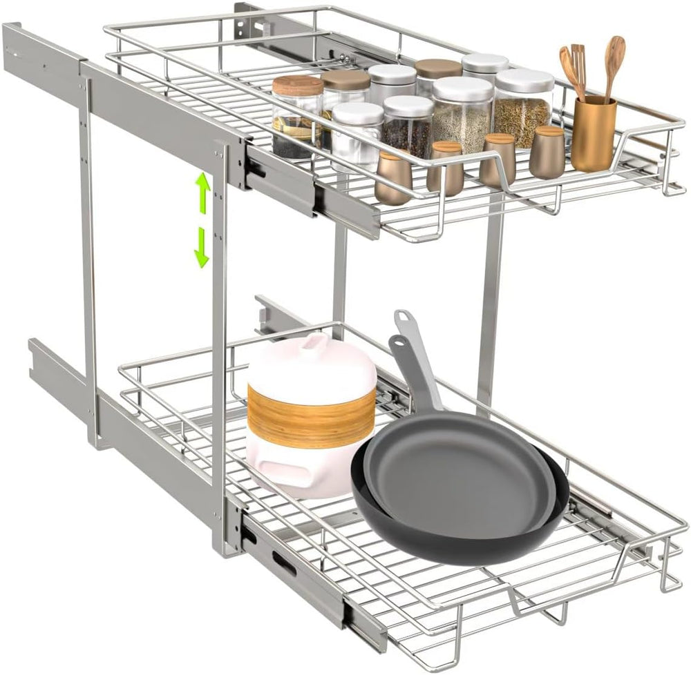 EZKAZA Pull Out Cabinet Organizer 11.5" W x 21" D, 2-Tier Kitchen C...