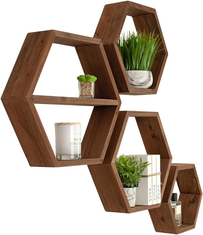 LABEND HOME Hexagon Floating Shelves Set of 4 - Solid Wood Wall Mounted Shelves - Honeycomb Geometric Display Shelves for Living Room, Bedroom, Kitchen - Brown Wood Finish -Includes Hardware & Level