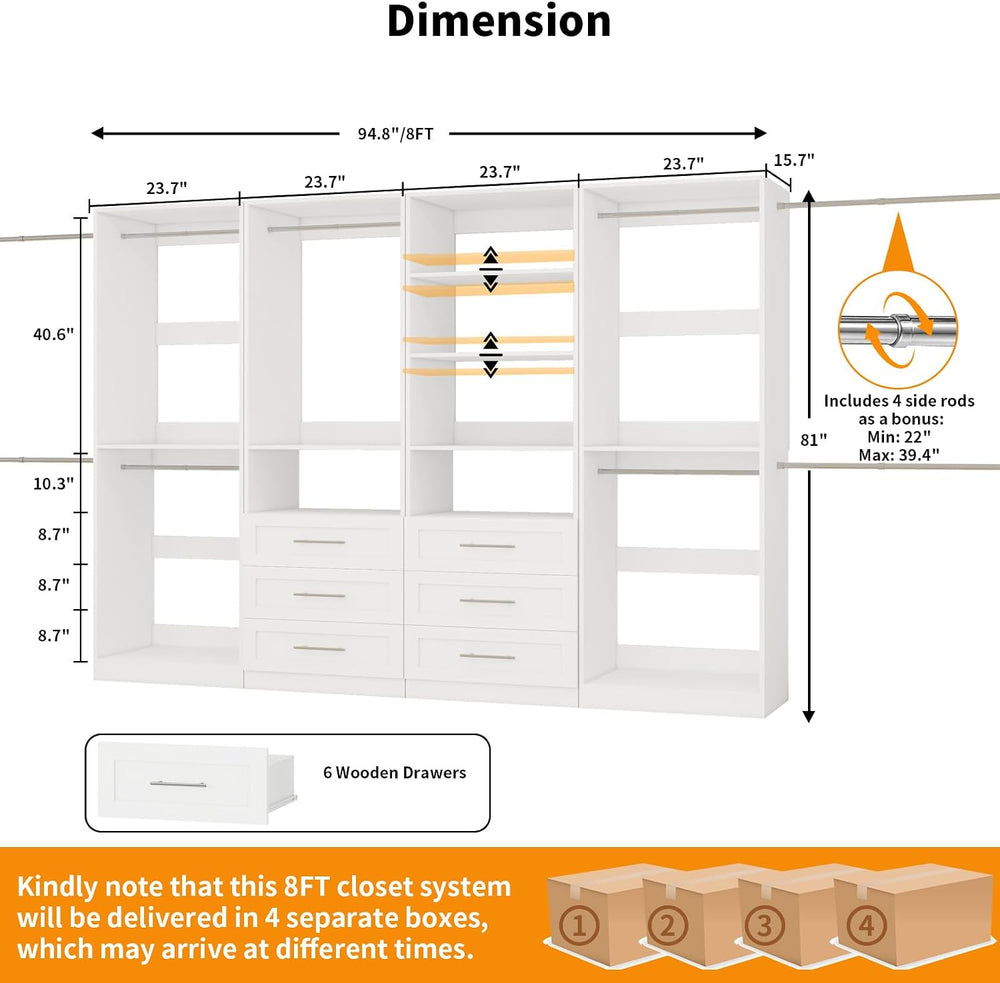 Closet System with 4 Sets, 8FT-21FT Modular Closet Organizer Systems with 6 D...