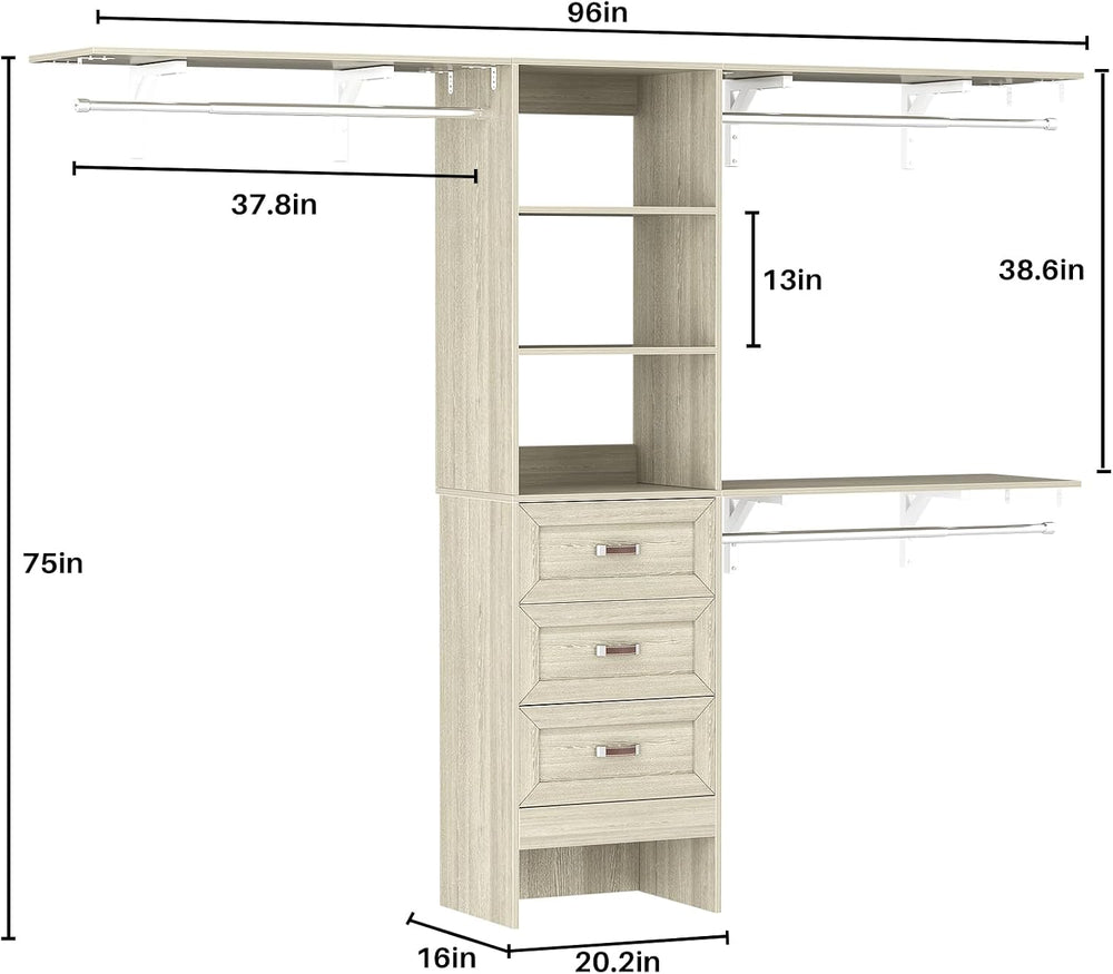 8FT Closet System with 3 Curved Drawers, 96'' Wooden Walk-in Closet O...