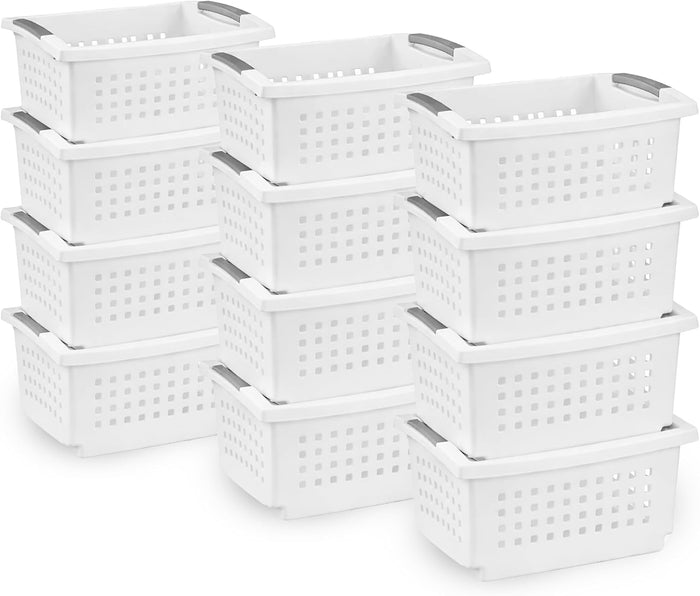 Sterilite 12 Pack Medium Stacking Basket, Open Top Storage Bin with Handles, White - Ideal for Home Closets, Kitchens, or Office Organization