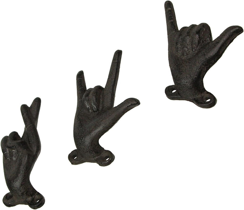 Zeckos Set of 3 Hand Gesture Wall Hooks, Brown Distressed Cast Iron, 4 Inch