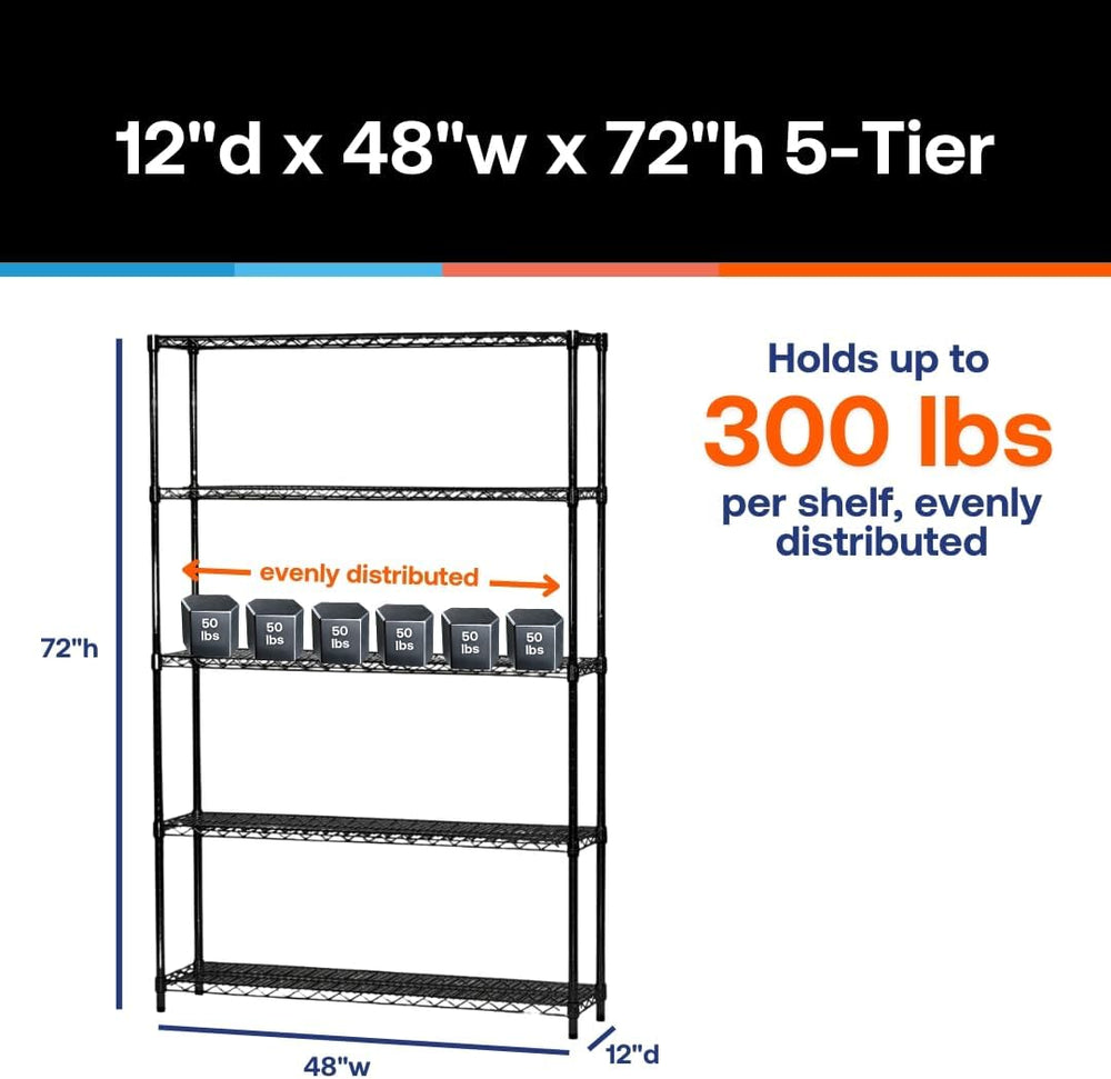 Shelving Inc. 12" d x 48" w x 72" h Black Wire Shelving with 5...