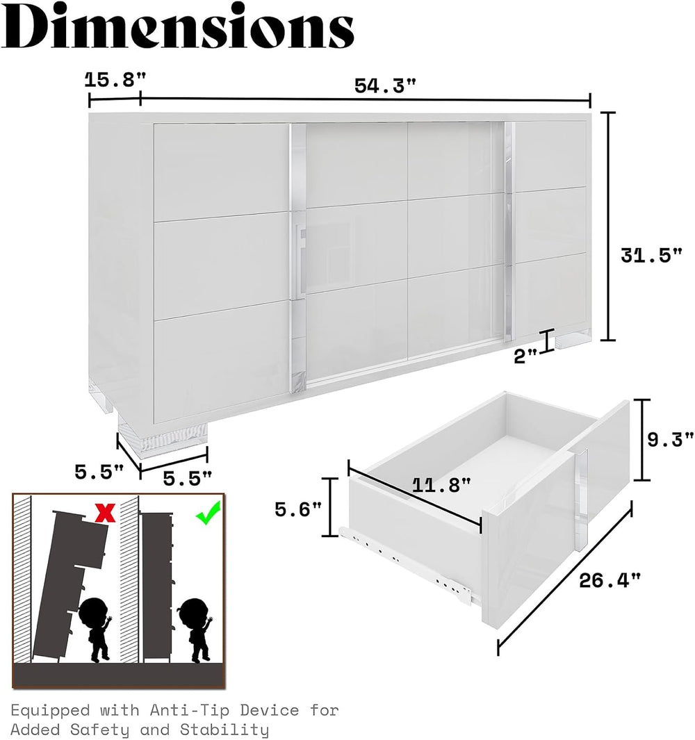 AMERLIFE 6 Drawer Dresser, Modern Storage Chest, High Gloss Finish, White