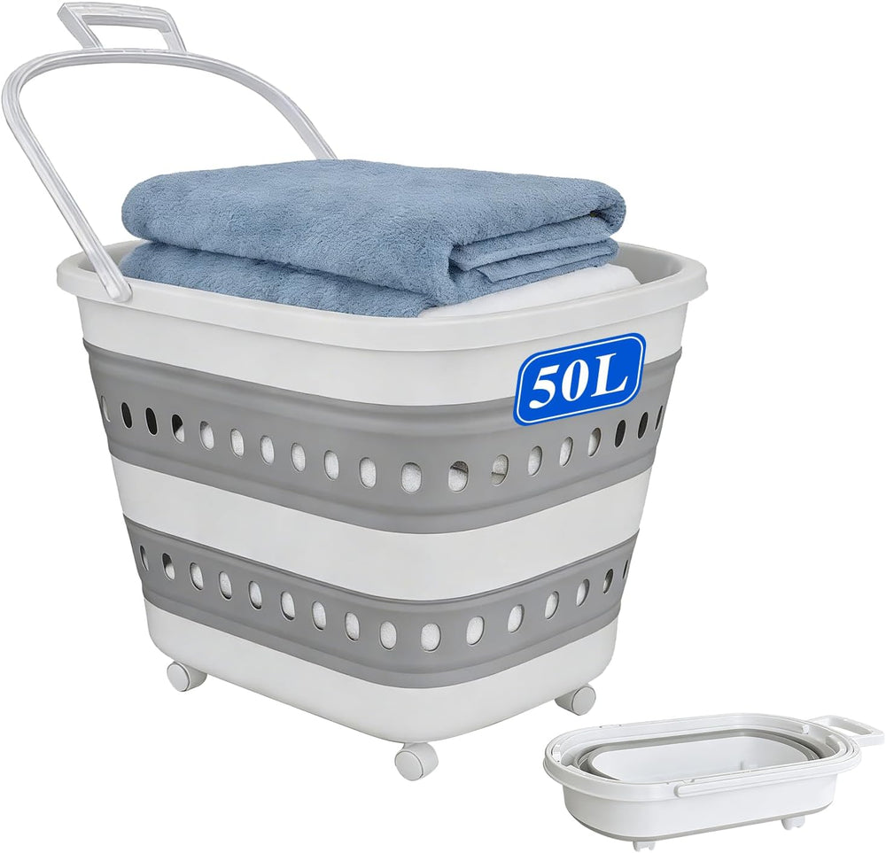 50L Collapsible Plastic Laundry Basket Hamper with Wheels, Foldable Laundry B...