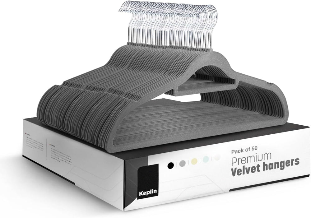 KEPLIN Grey Velvet Hangers 50 Pack - 18 inch, Thin Non Slip Hangers with Tie ...