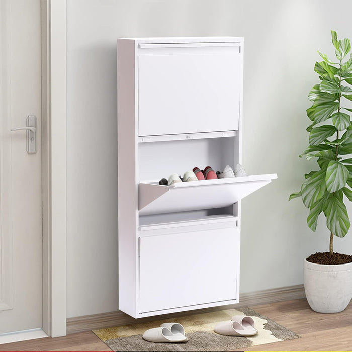 3-Tier Slim Shoe Cabinet, Freestanding & Wall Mounted Metal Shoe Storage Organizer, Narrow White Vertical Shoe Rack for Entryway, Hallway, Small Spaces, 19.88" W x 4.8" D x 40.67" H