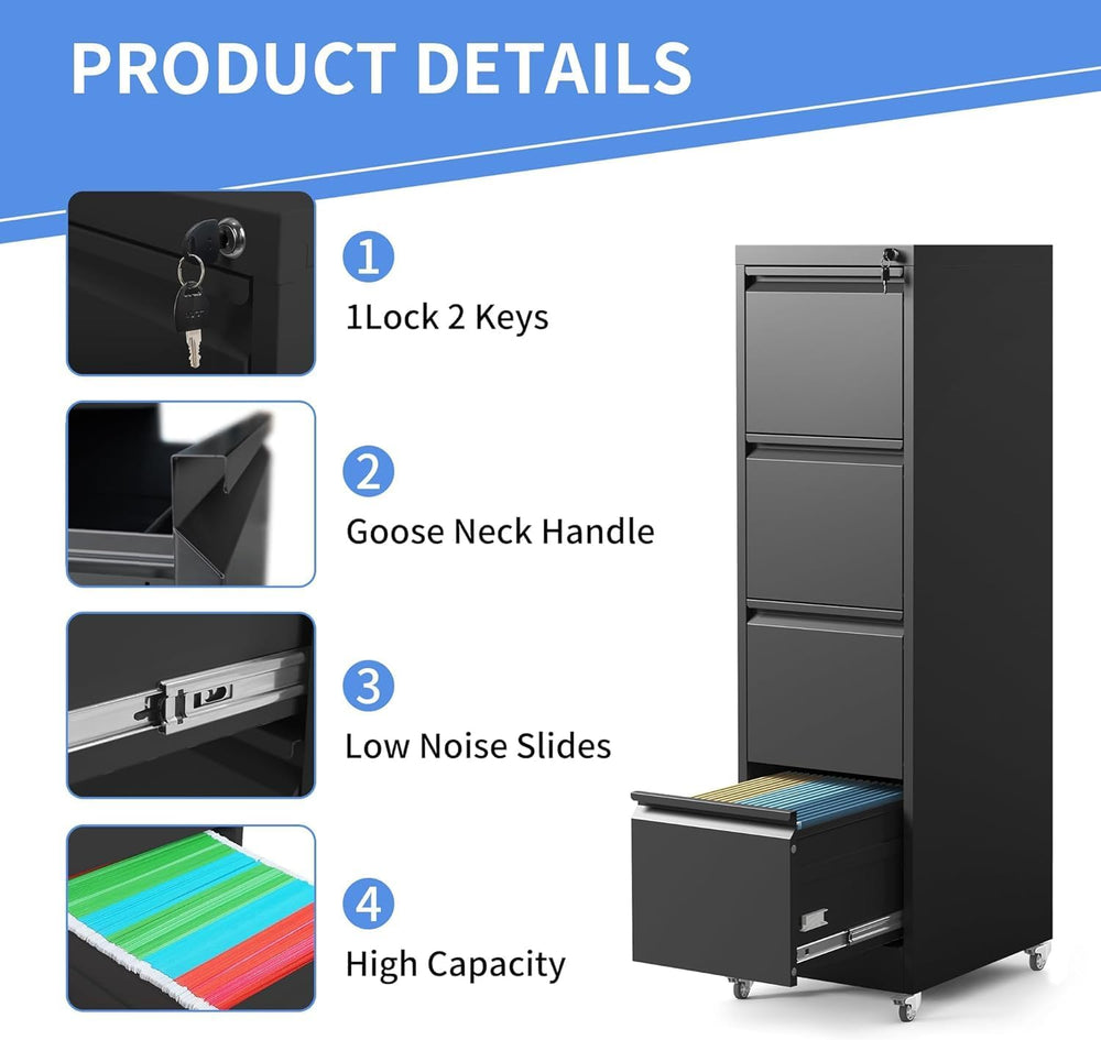 4 Drawer File Cabinet with Wheels, Metal Filing Cabinet with Lock and Wheels,...