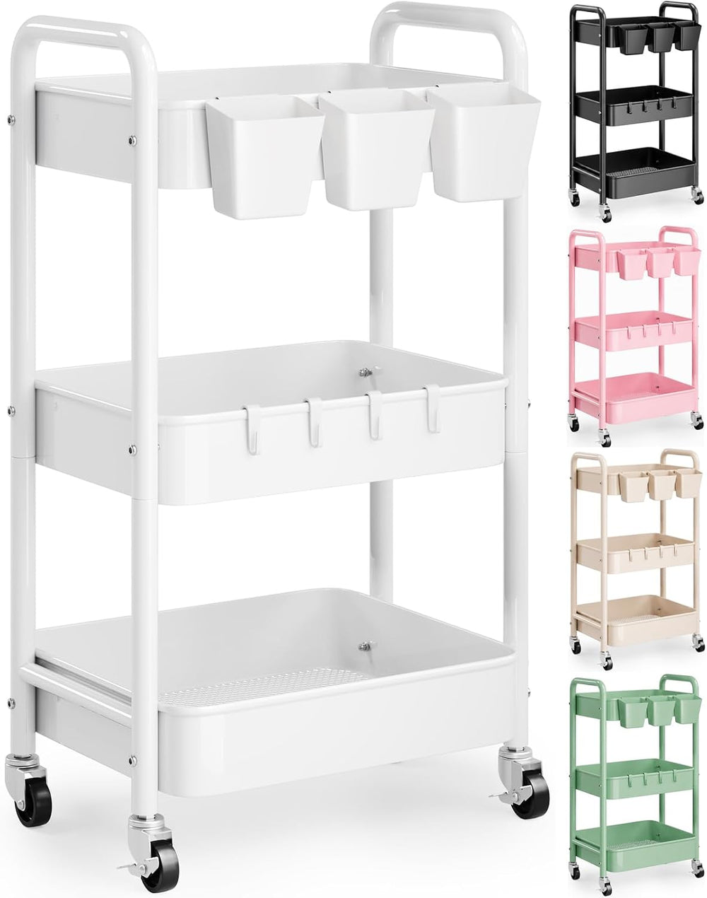3 Tier Rolling Cart Metal with Wheels, White Three Tiered Carts on Wheels