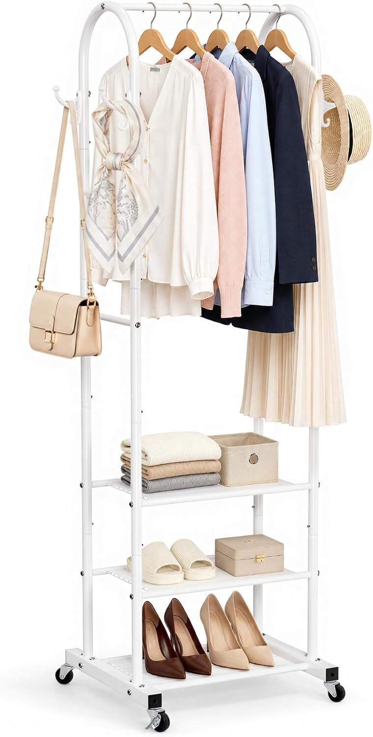 Cesun Small Clothes Rack with 3-Tier Mesh Shelves & 8 Hooks, White