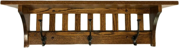 Rustic Red Door Co. Mission Style Coat Rack Wall Mounted with Shelf, Entryway Wooden Hanger with 3 Wrought Iron Hooks for Jacket, Towel or Hat, Farmhouse Decor, 32.5", Oak Wood, Michaels Stain