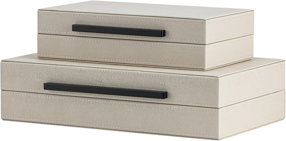 Set of 2 Beige Shagreen Decorative Storage Boxes with Black Metal Handles – F...