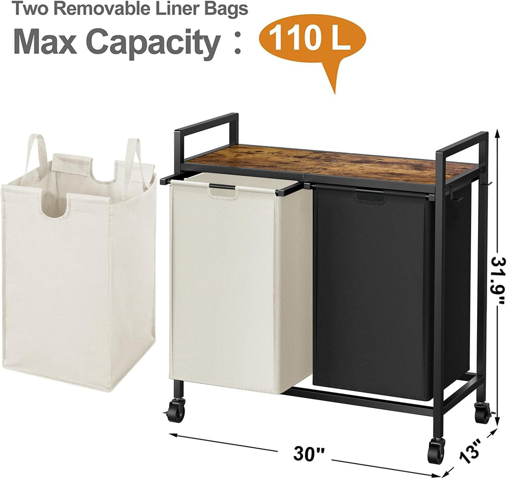 WOWLIVE Double Laundry Hamper with Wheels, Rolling Laundry Basket Organizer
