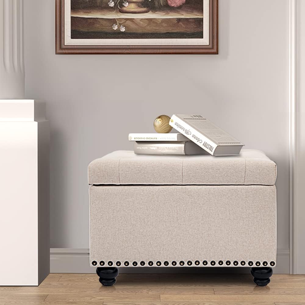 CangLong 24 Inch Tufted Lift Top Storage Ottoman Bench, Linen Foot Rest Stool...