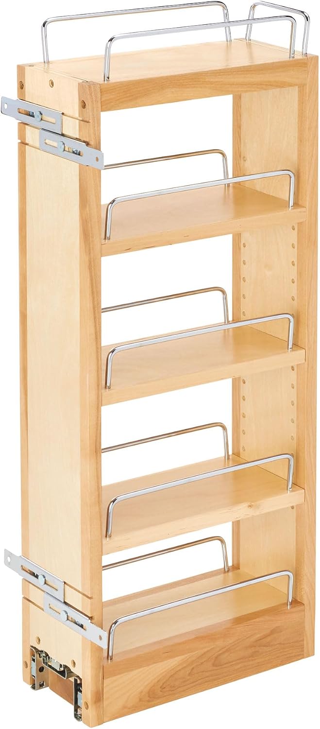 Rev-A-Shelf Maple Pullout Organizer for Wall Kitchen Cabinets, Full Extension Slides & Adjustable Shelves, Min Opening Width of 5.5", 448-WC-5C