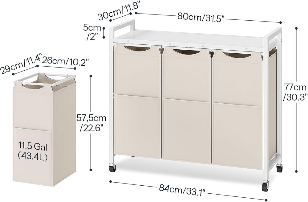 HOOBRO Laundry Sorter 3 Section, Laundry Hamper with Wheels, 3 × 11.5 Gal (43...