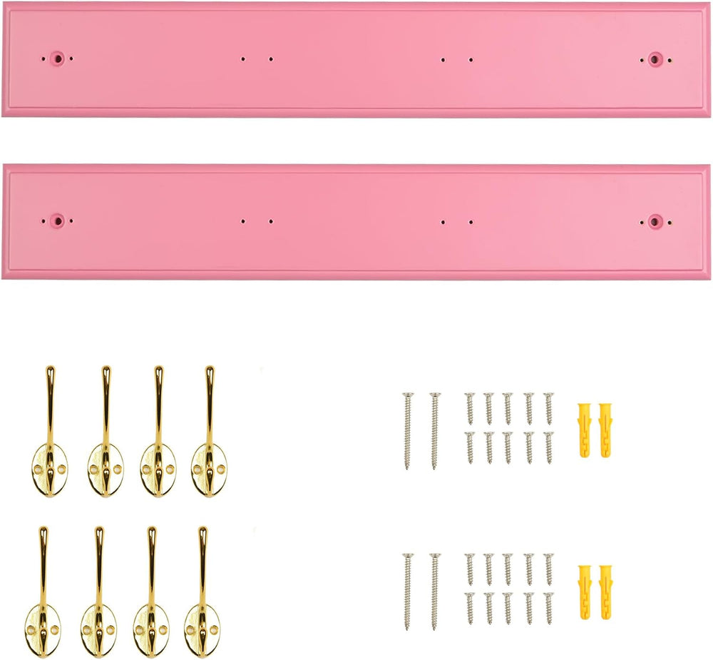Wall Mount Bamboo Coat Rack, 17 Inch, 4 Double Hooks,2 Pack, Pink and Gold