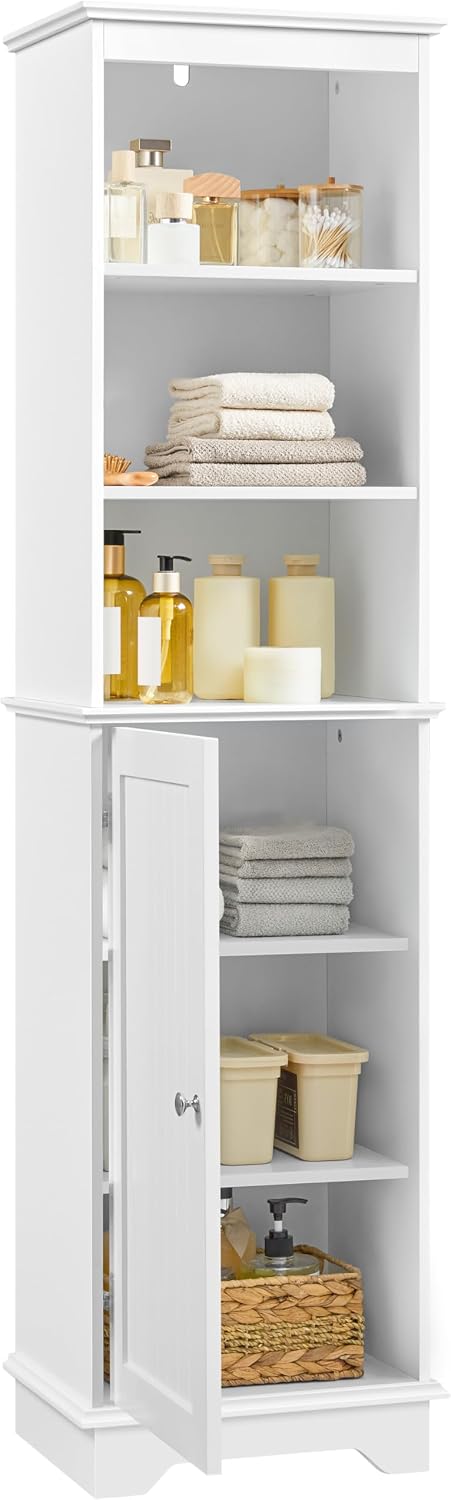 Yaheetech Tall Narrow Bathroom Storage Cabinet with Door and Shelves, White