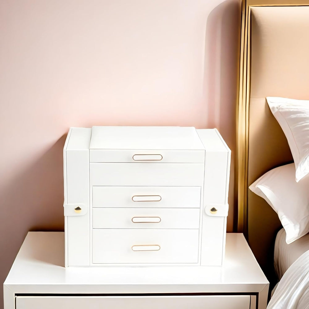 ASINGYER White 4 Layer 3 Drawer Jewelry Organizer with Double Hanging Side Ca...