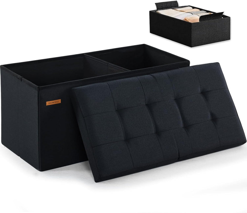 HAUSFRAU Ottoman with Storage Bench Folding Foot Rest Stool Linen Black