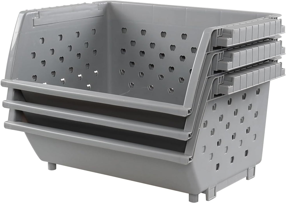 3 Pack Plastic Stackable Storage Baskets, Open Front, Grey