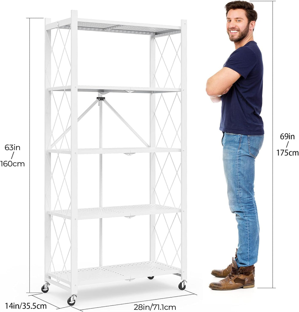 5-Tier Folding Metal Storage Rack - 63" Heavy-Duty Steel Frame with Whee...