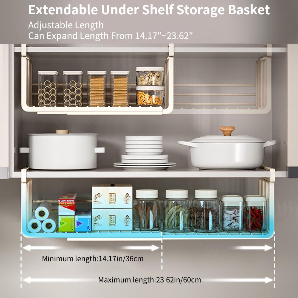 Extendable Under Shelf Storage Basket, Hanging Baskets Under Cabinet Shelf Or...