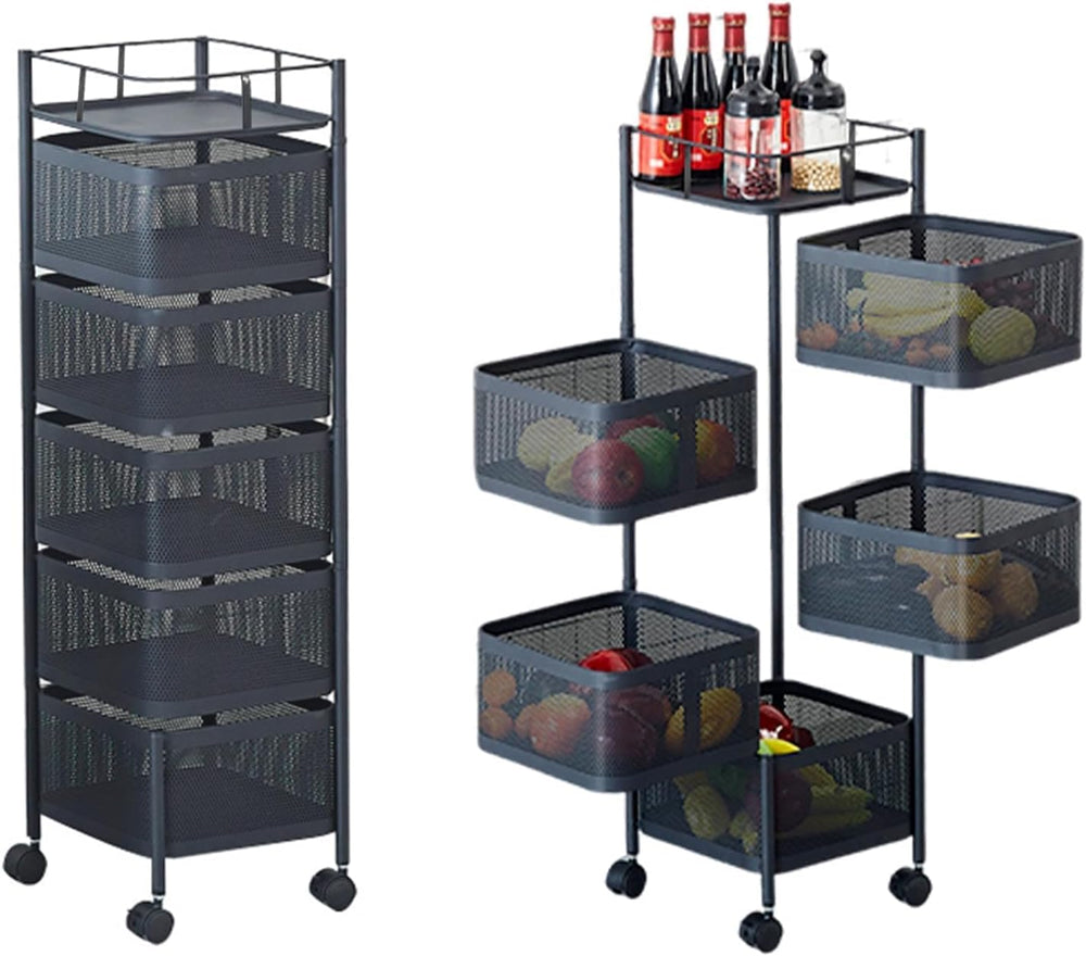 5 Tier Rotating Rolling Storage Cart with Top Lid & 360° Wheels, Metal Me...
