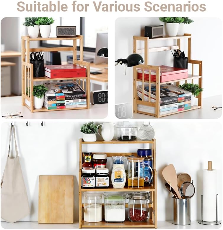 Bamboo Spice Rack 3-Tier Kitchen Countertop Organizer, Adjustable Shelf Pantr...