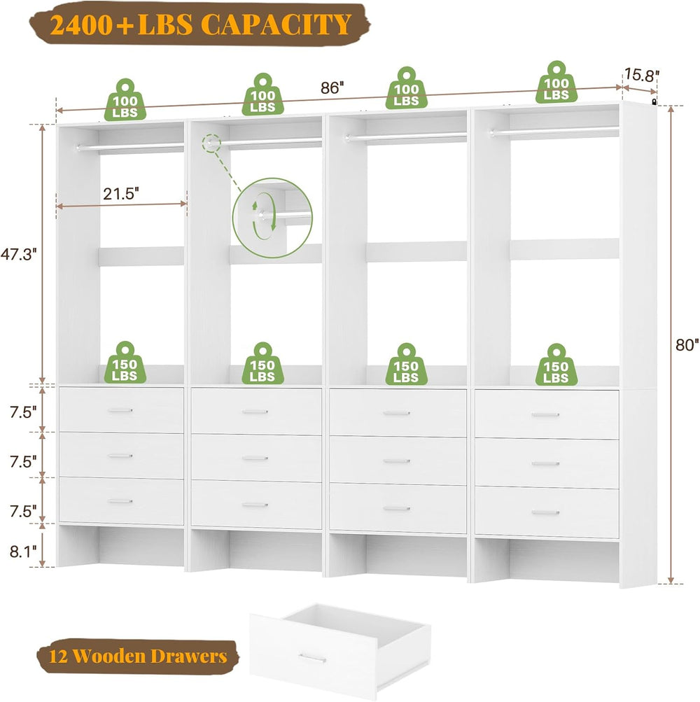 Aheaplus Closet System Closet Organizer, 7.2FT Closets, Set of 4,White