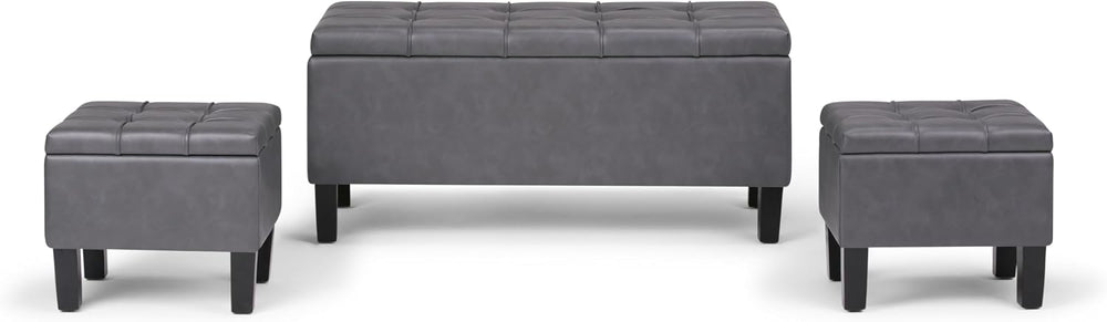 SIMPLIHOME Dover 44" Wide Vegan Leather Storage Ottoman in Grey (Set of 3)