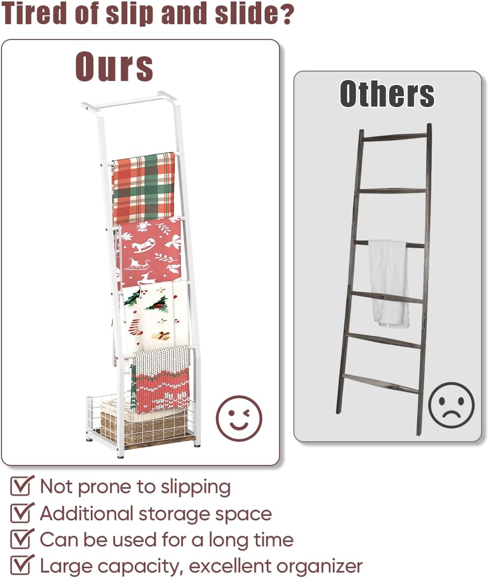 6.3ft Blanket Ladder with Storage Basket, 5 Tier Decorative Ladder Shelf Stan...