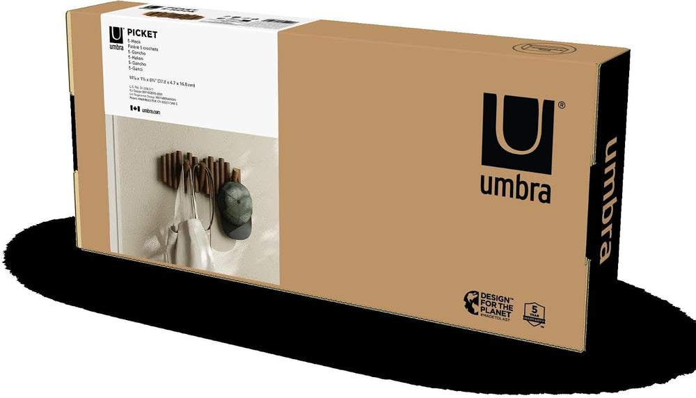 Umbra Picket Coat Rack, Wall Mount 5 Flip-Down Coat Hooks, Walnut