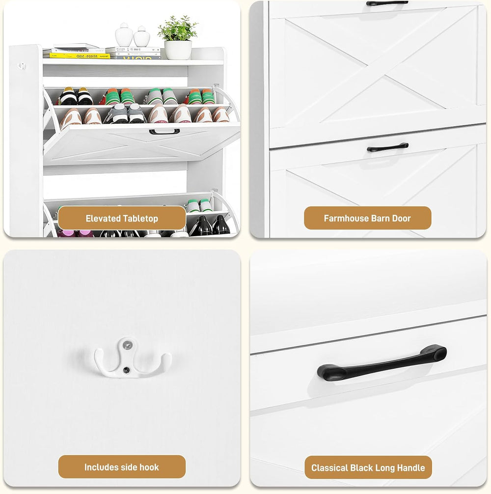 Karl home White Farmhouse Shoe Cabinet, Cushioned Entryway Bench Organizer