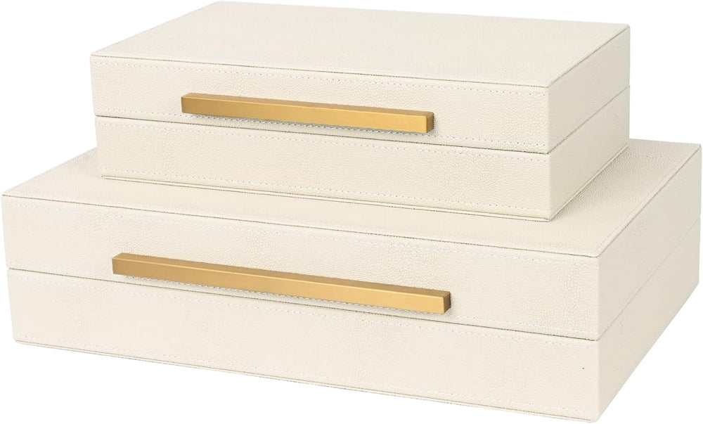 Beige Shagreen Decorative Storage Boxes – Set of 2 Faux Leather Jewelry &...