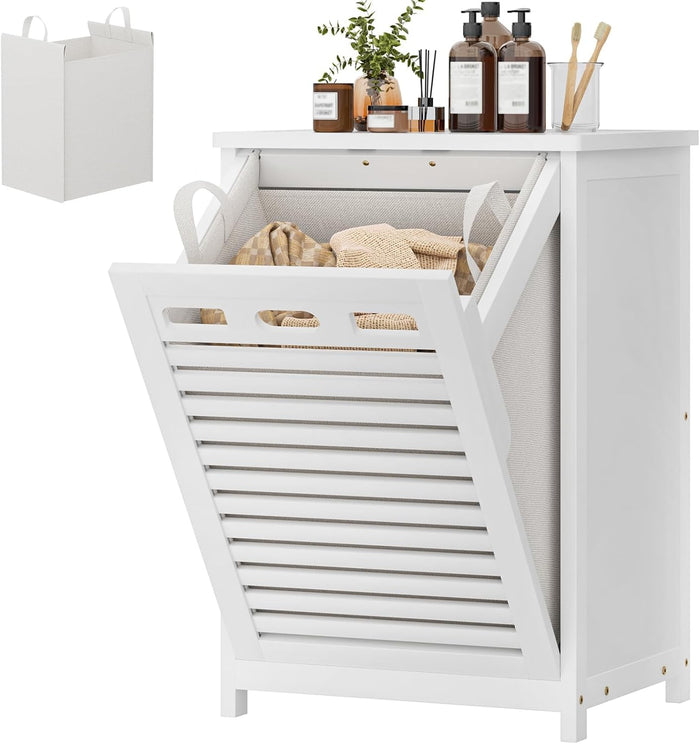 Bamboo Tilt Out Laundry Hamper Cabinet with 15.5 Gal Removable Bag, White