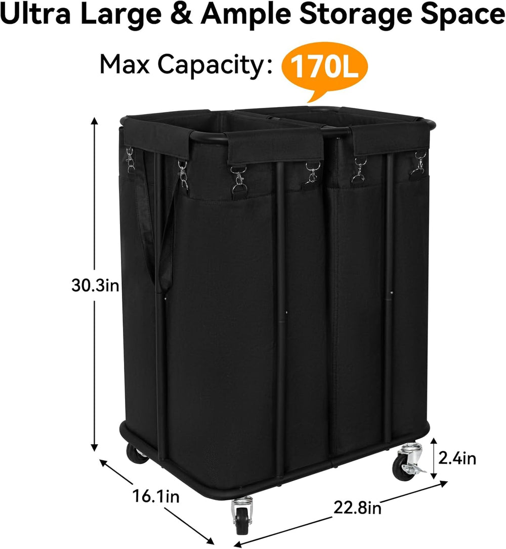 WOWLIVE Double Laundry Hamper with Wheels, 170L Rolling Laundry Basket