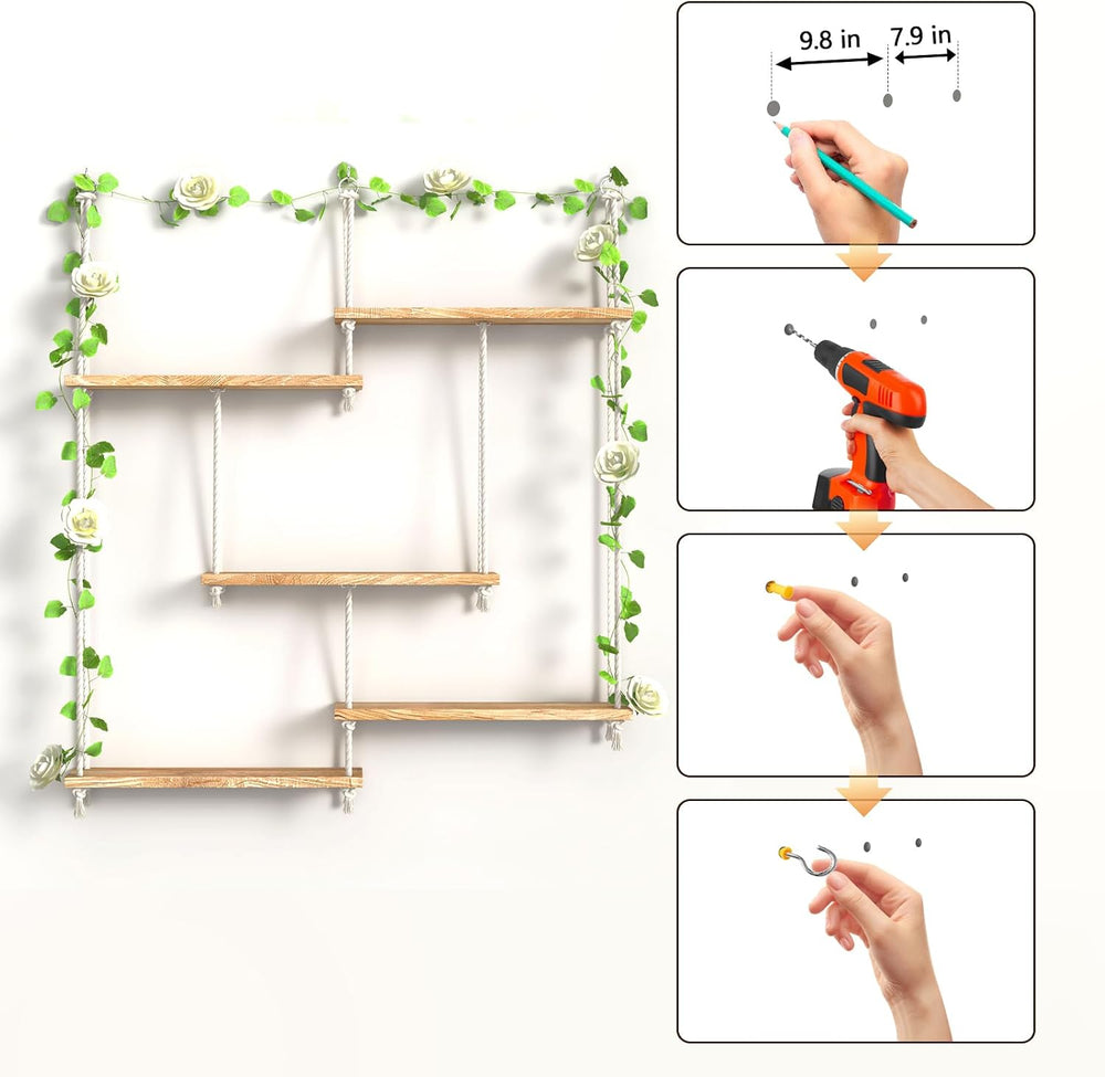 Hanging Shelves for Wall,Macrame Hanging Plant Shelf with Vine Lights 5 Tier ...