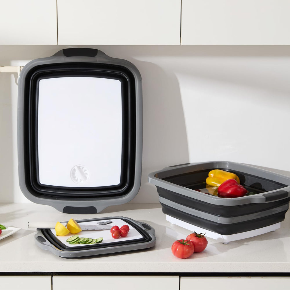 TANOSHII 3-Piece Collapsible BBQ Prep Tubs with Lids and Built-in Cutting Boa...