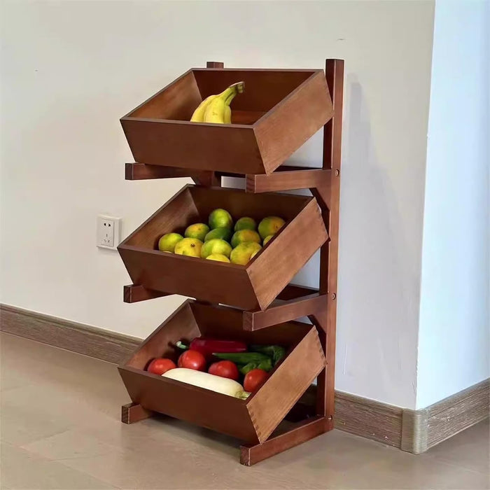 3 Tier Wood Fruit and Vegetable Basket Stand Rack for Kitchen, Fruit Basket for Kitchen, Utility Shelf Organizer, Organizer Bins Rack for Onions and Potatoes, Baskets, Brown