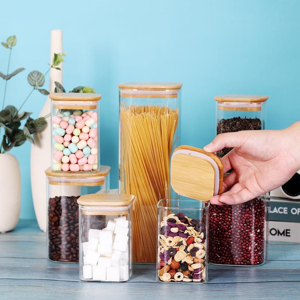 LEAVES AND TREES Y Glass Storage Canister with Wooden Lid, Set of 7 Square Gl...