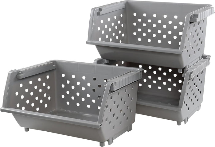 3 Pack Plastic Stackable Storage Baskets, Open Front, Grey